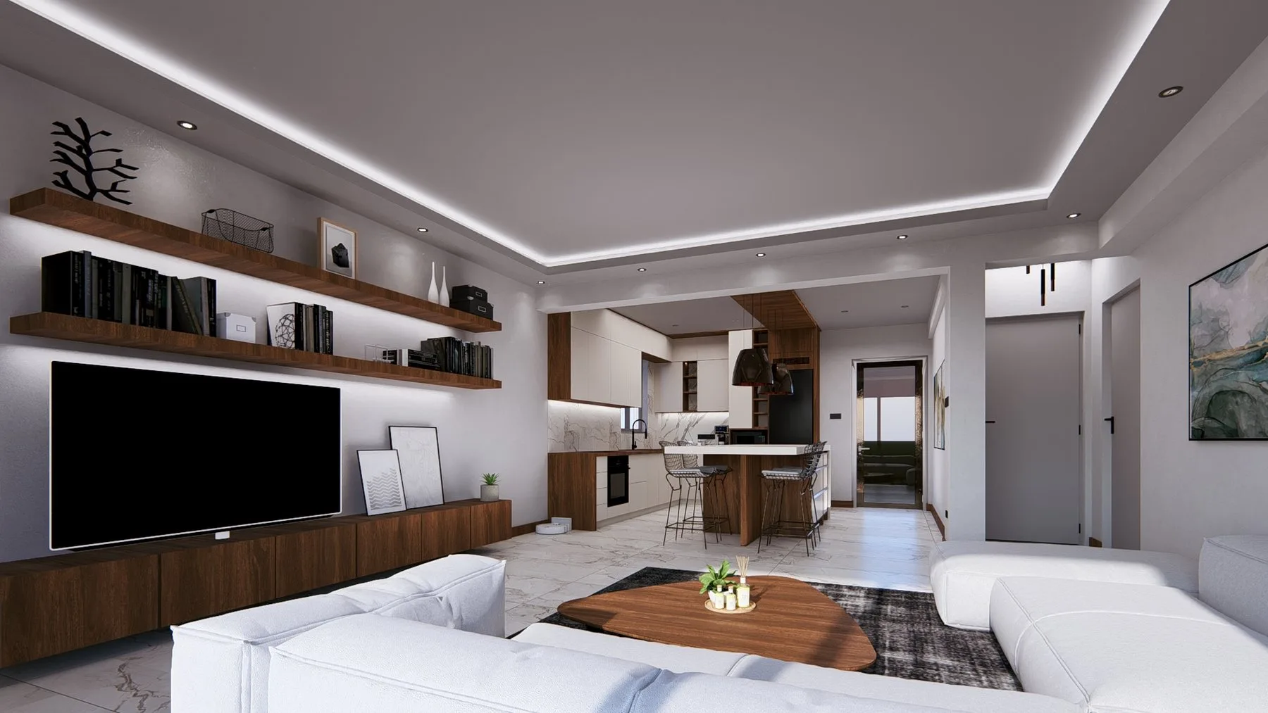 Fortera Ötüken villa salon ve açık mutfak iç mekânı
