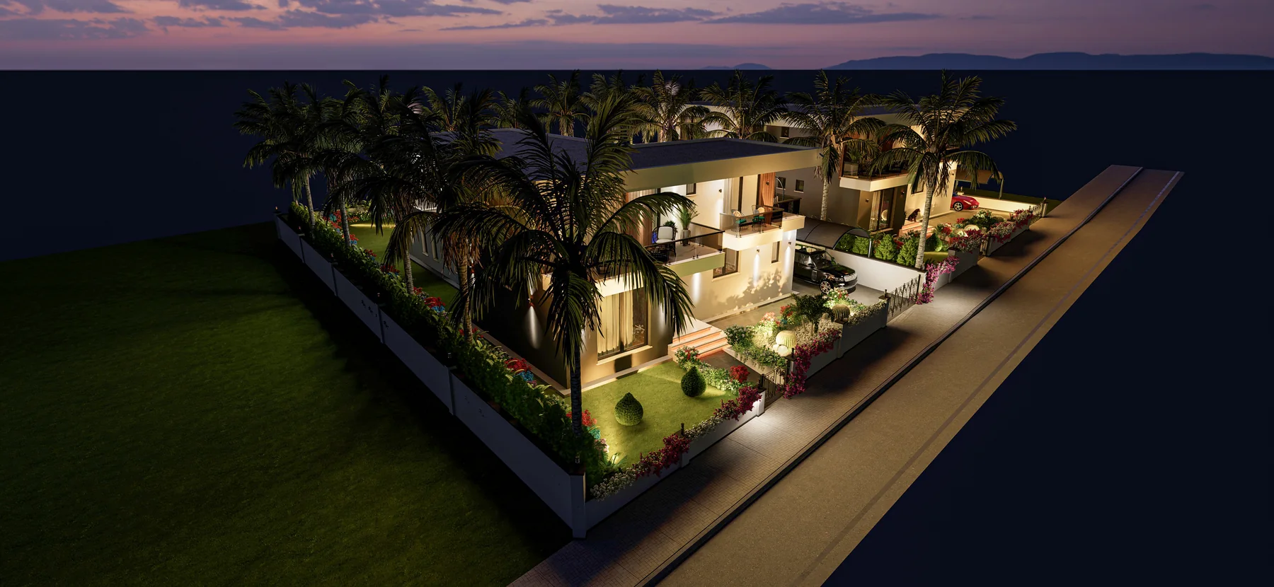 Hançer Prestige Villaları 2 gece dış cephe renderı